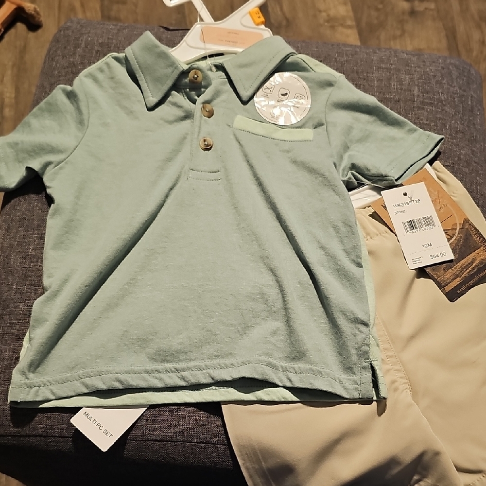 NWT Sage Polo Shirt Tan Short Set 12 Months Boy Elastic Waist Toddler Summer